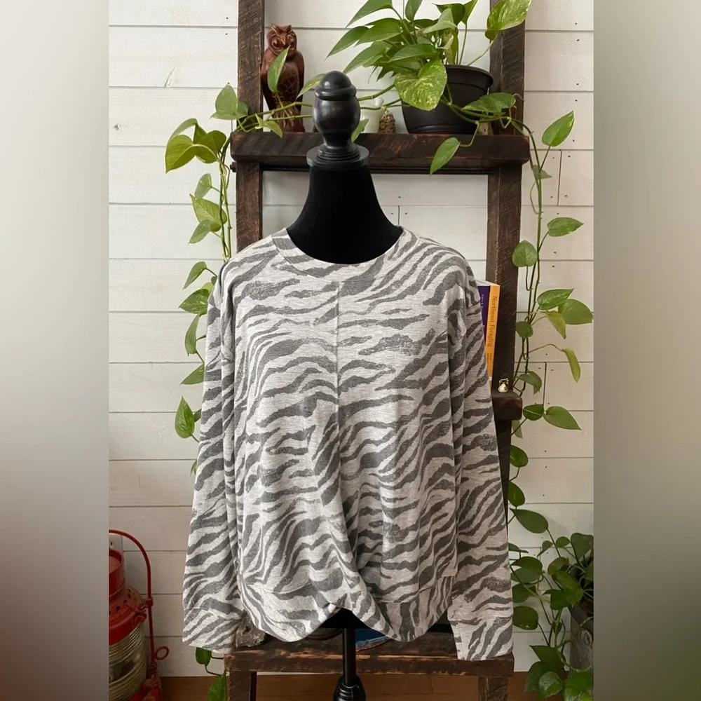 Knox Rose: Gray Zebra Print Sweatshirt with Twist Front